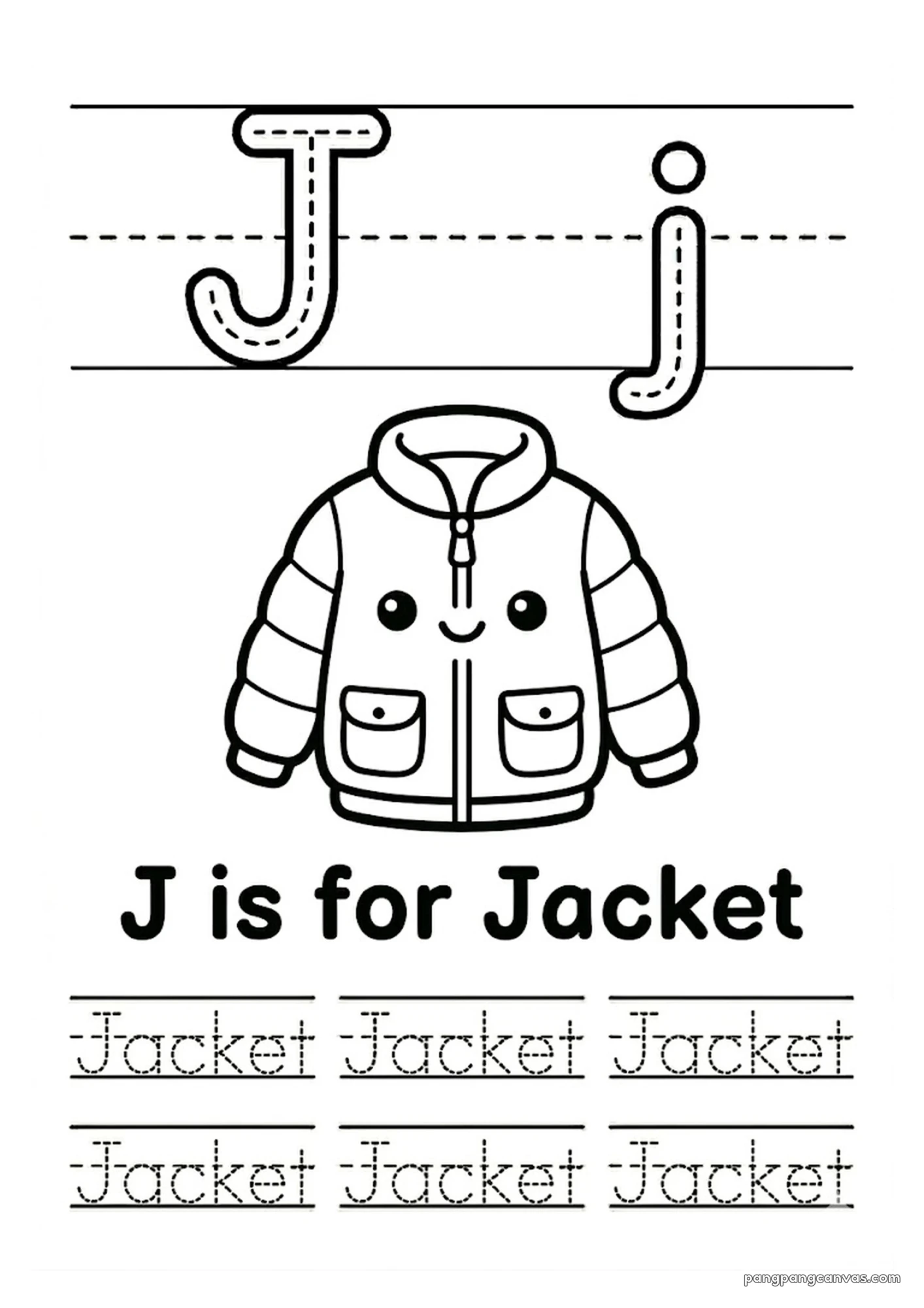 J for Jacket 알파벳 따라쓰기 무료 학습지