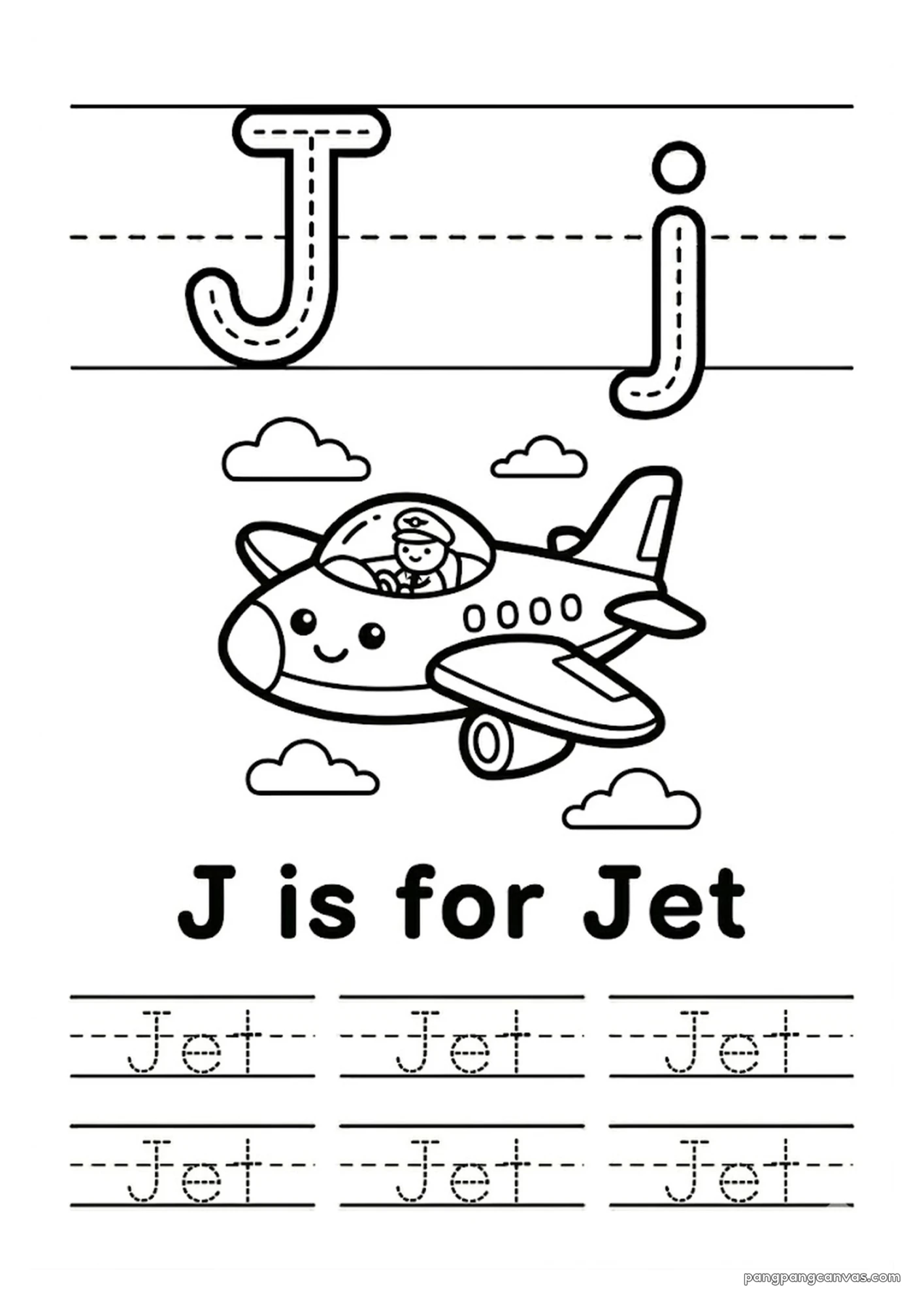J for Jet 알파벳 따라쓰기 무료 학습지