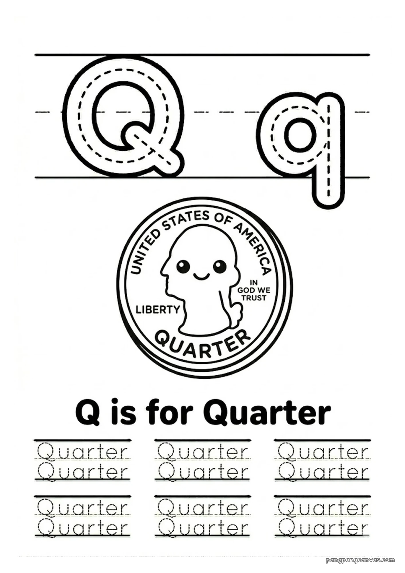 Q for Quarter 알파벳 따라쓰기 무료 학습지